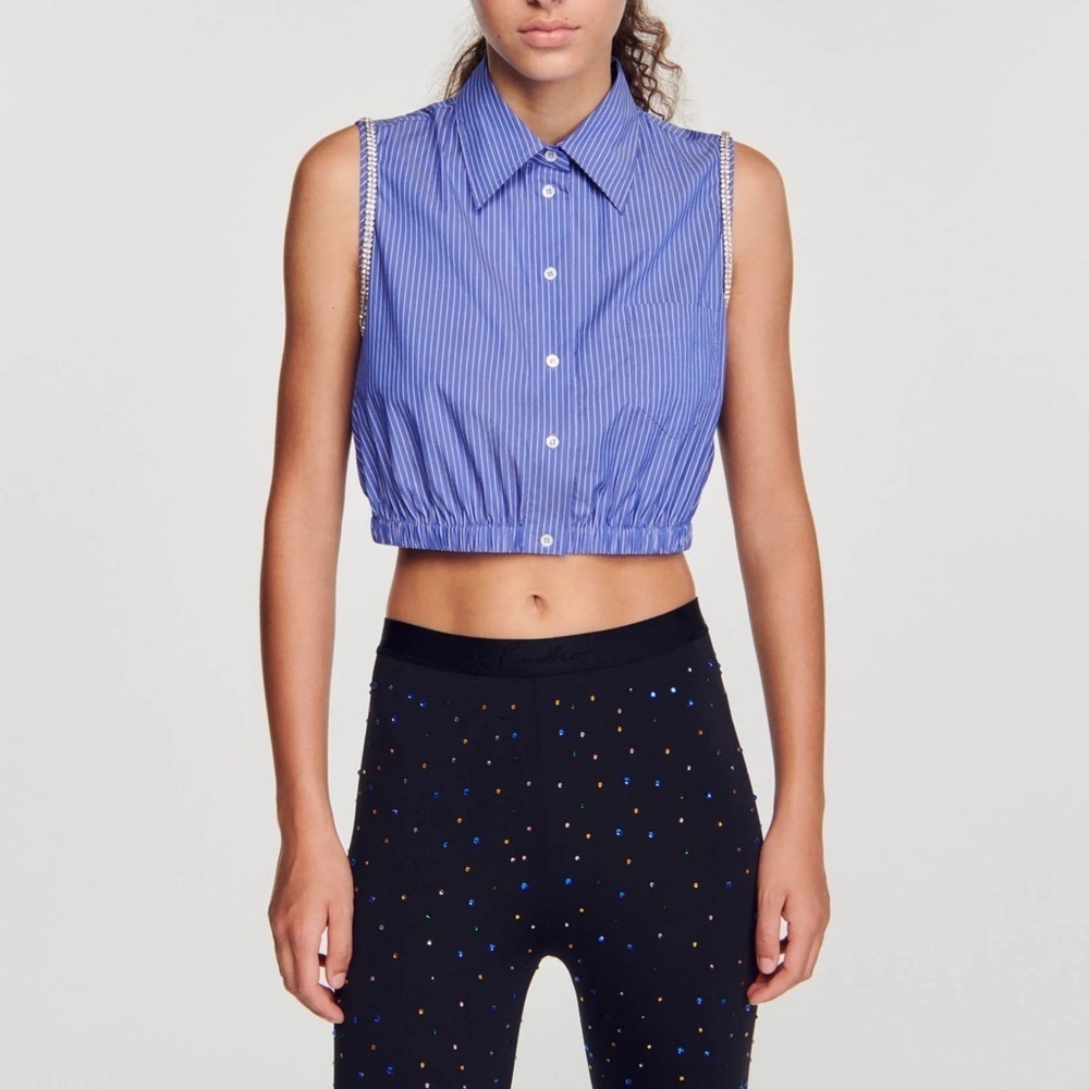 Sandro Navy Striped Button-Down Sleeveless Shirt
